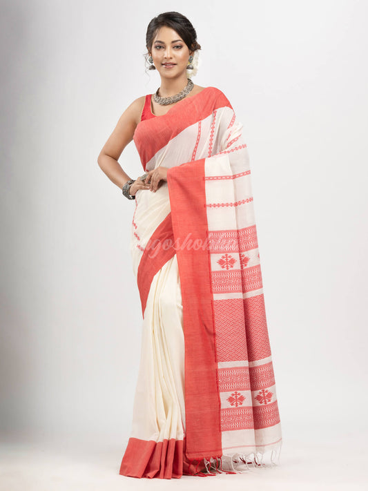 White cotton all body jacquard stripe with pallu jacquard and solid broder handloom saree