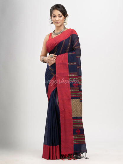 Nevy Blue cotton all body jacquard stripe with pallu jacquard and solid broder handloom saree