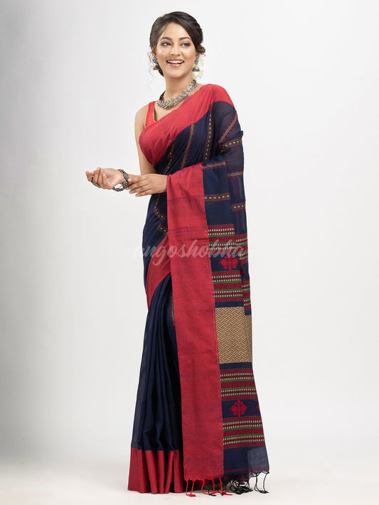 Nevy Blue cotton all body jacquard stripe with pallu jacquard and solid broder handloom saree