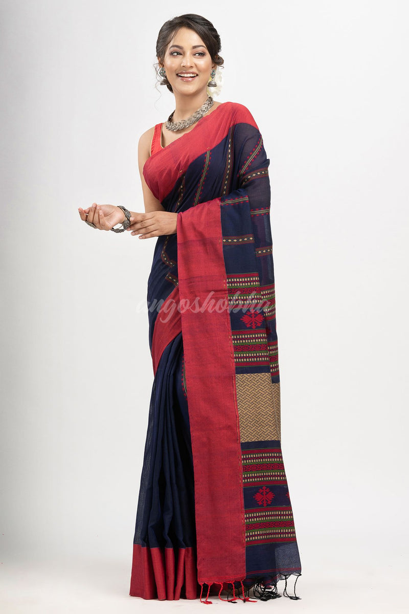 Nevy Blue cotton all body jacquard stripe with pallu jacquard and solid broder handloom saree