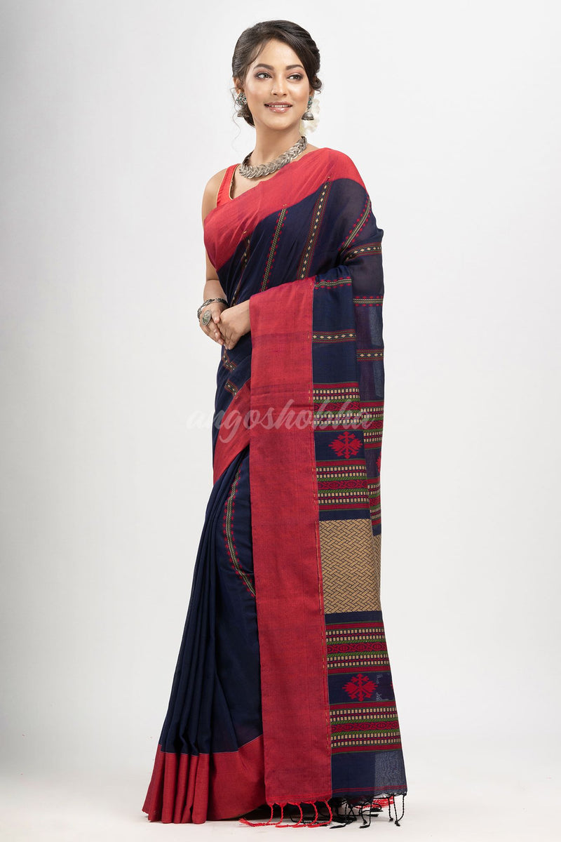 Nevy Blue cotton all body jacquard stripe with pallu jacquard and solid broder handloom saree