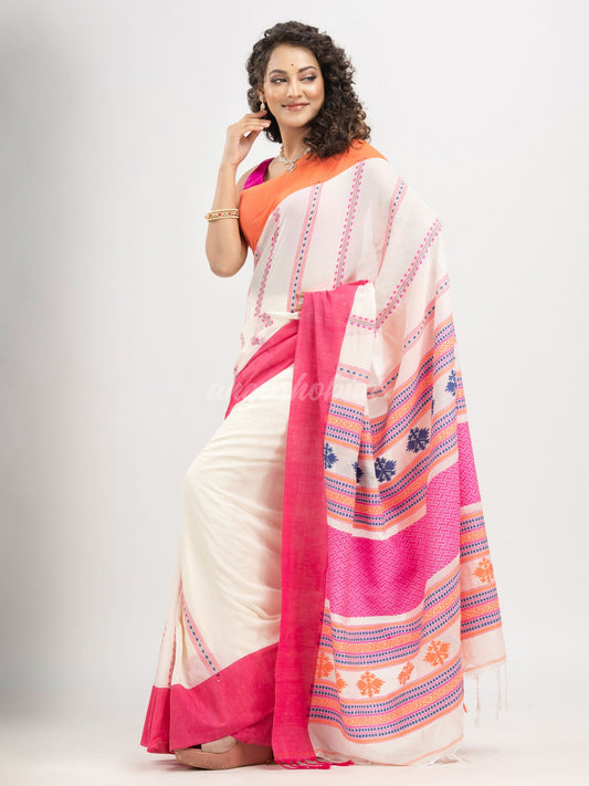 White cotton all body jacquard stripe with pallu jacquard and ganga jamuna solid broder handloom saree