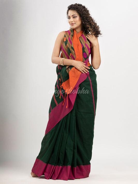 Bottle Green cotton all body jacquard stripe with pallu jacquard and ganga jamuna solid broder handloom saree