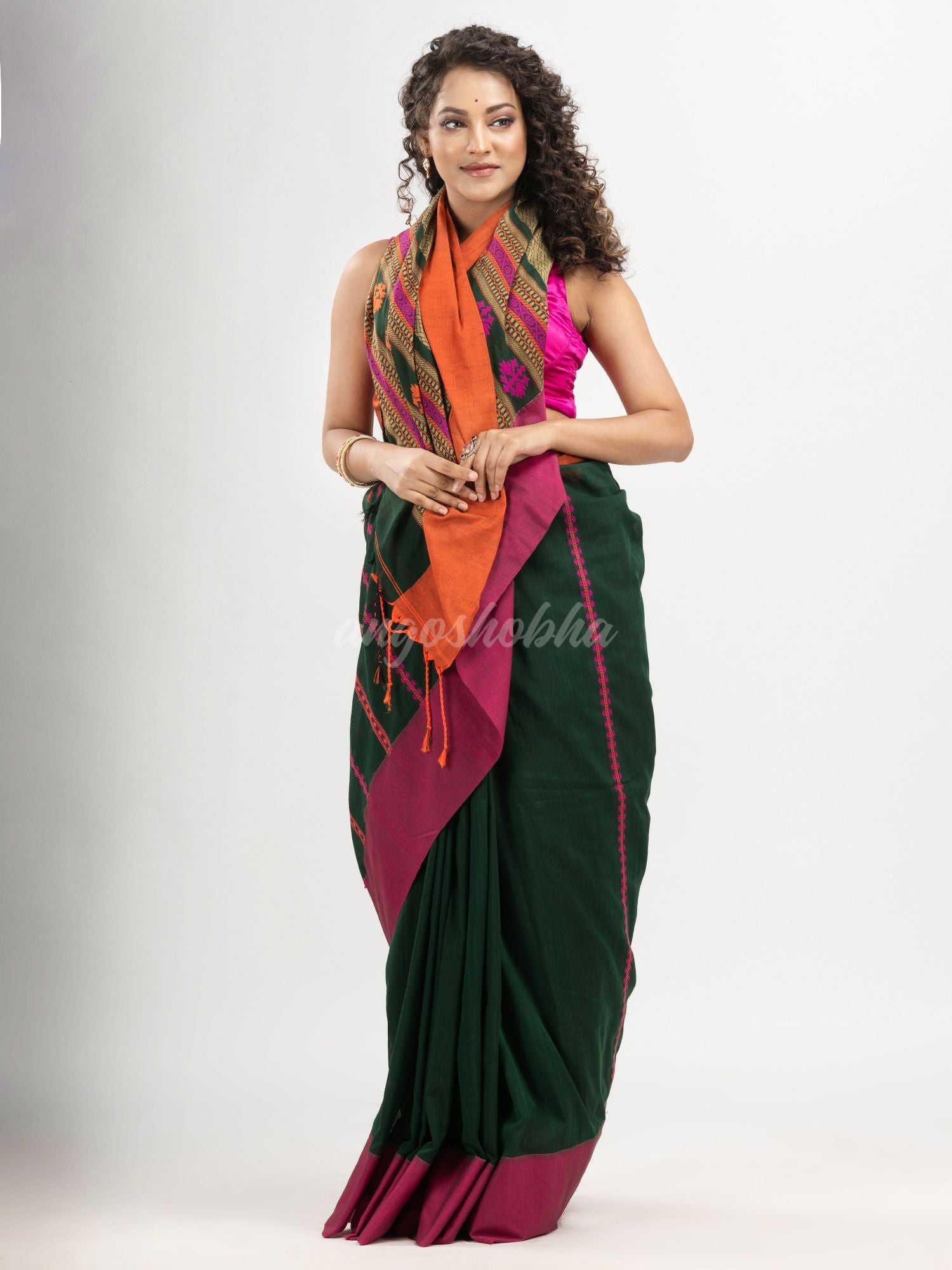 Bottle Green cotton all body jacquard stripe with pallu jacquard and ganga jamuna solid broder handloom saree