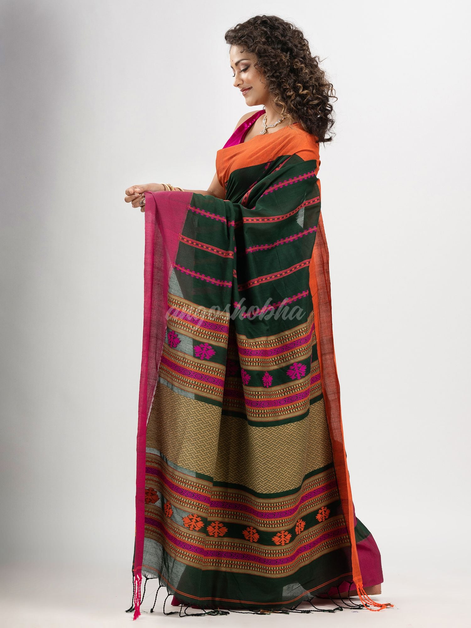 Bottle Green cotton all body jacquard stripe with pallu jacquard and ganga jamuna solid broder handloom saree