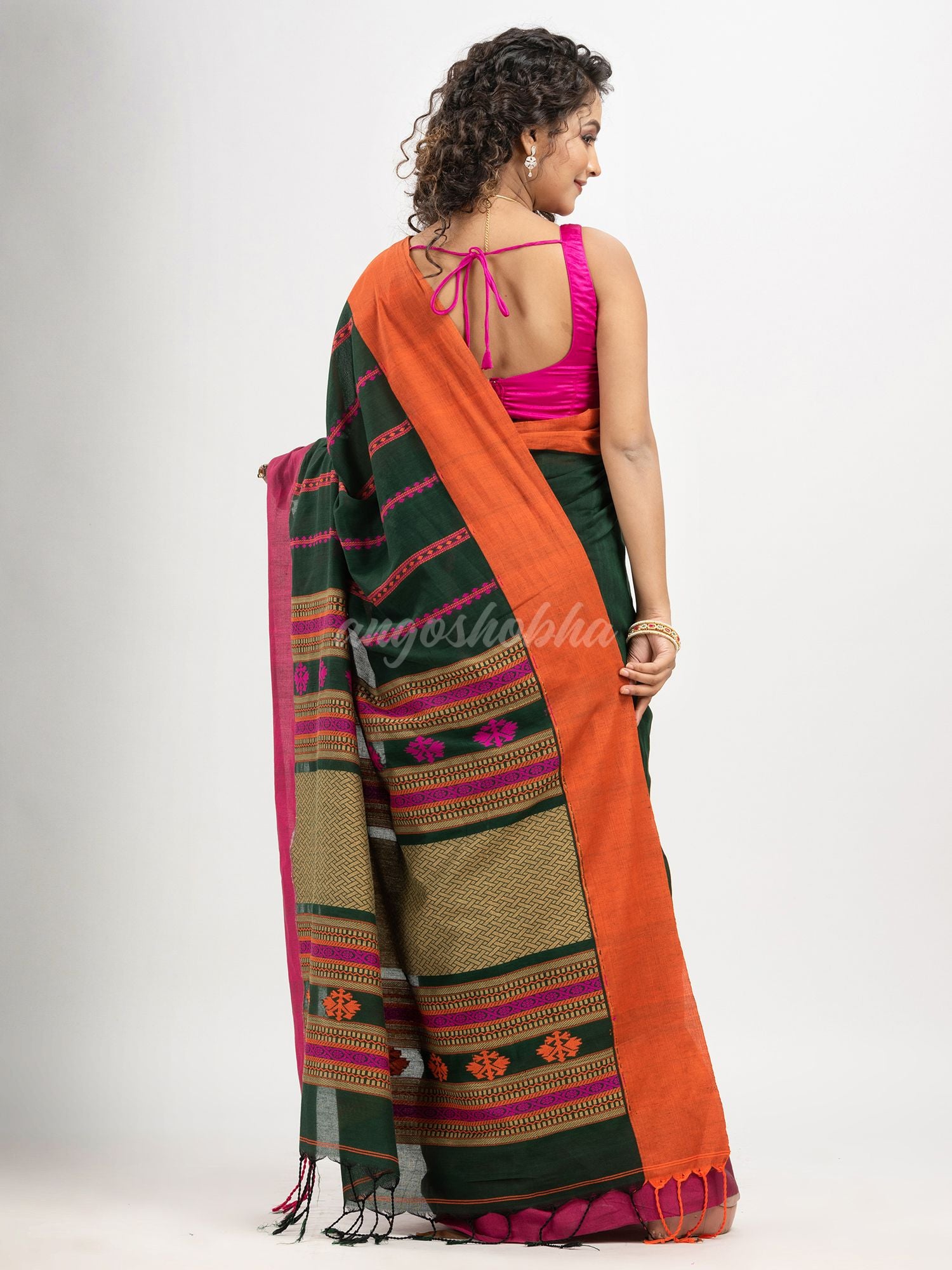 Bottle Green cotton all body jacquard stripe with pallu jacquard and ganga jamuna solid broder handloom saree