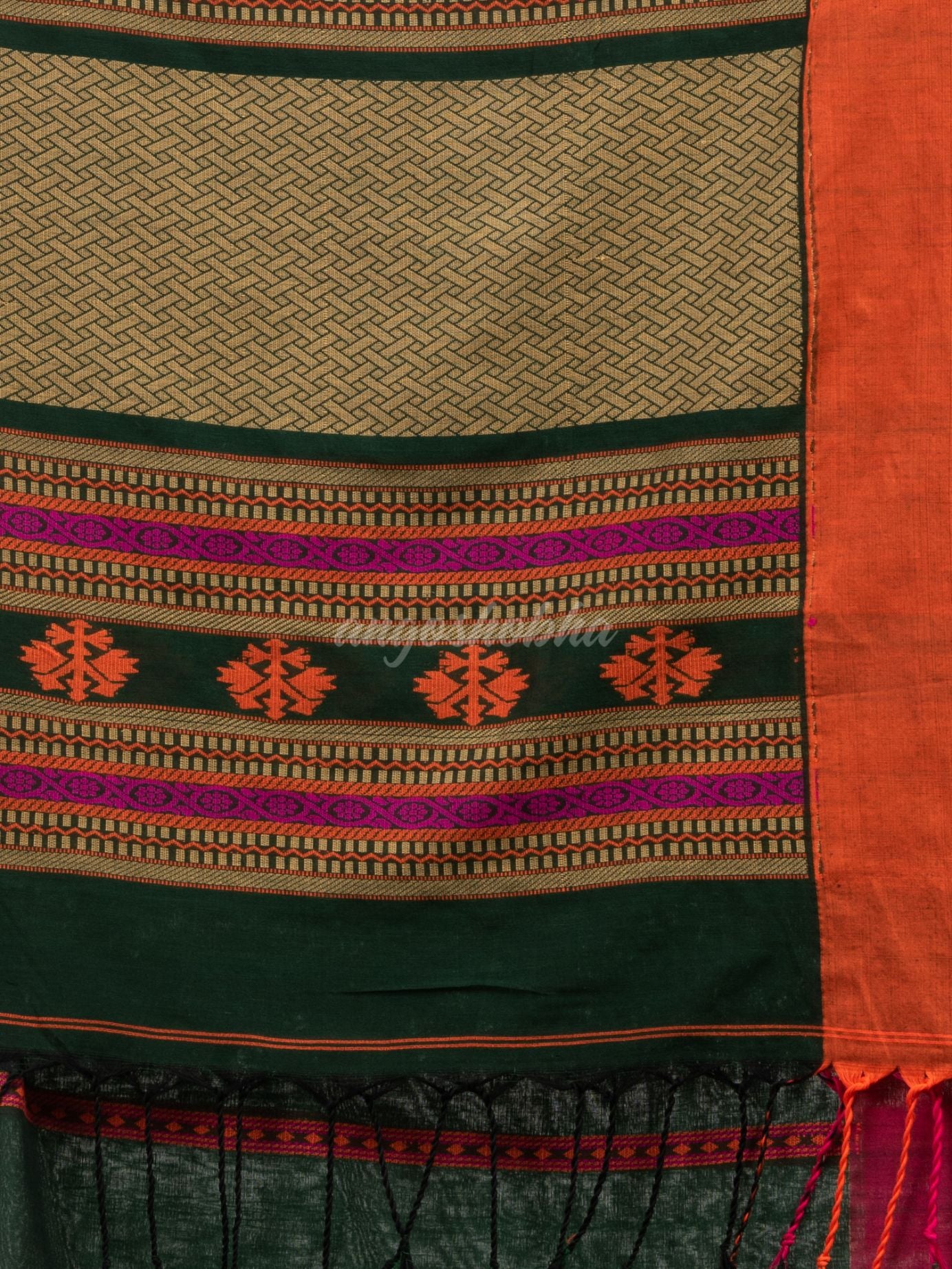 Bottle Green cotton all body jacquard stripe with pallu jacquard and ganga jamuna solid broder handloom saree