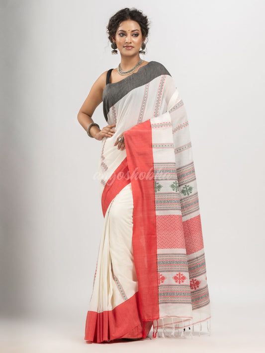 White cotton all body jacquard stripe with pallu jacquard and ganga jamuna solid broder handloom saree