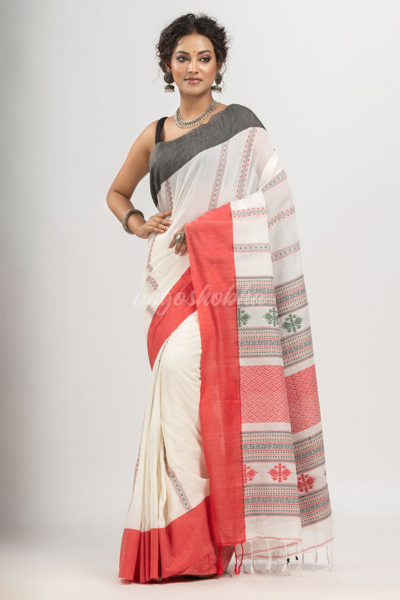 White cotton all body jacquard stripe with pallu jacquard and ganga jamuna solid broder handloom saree