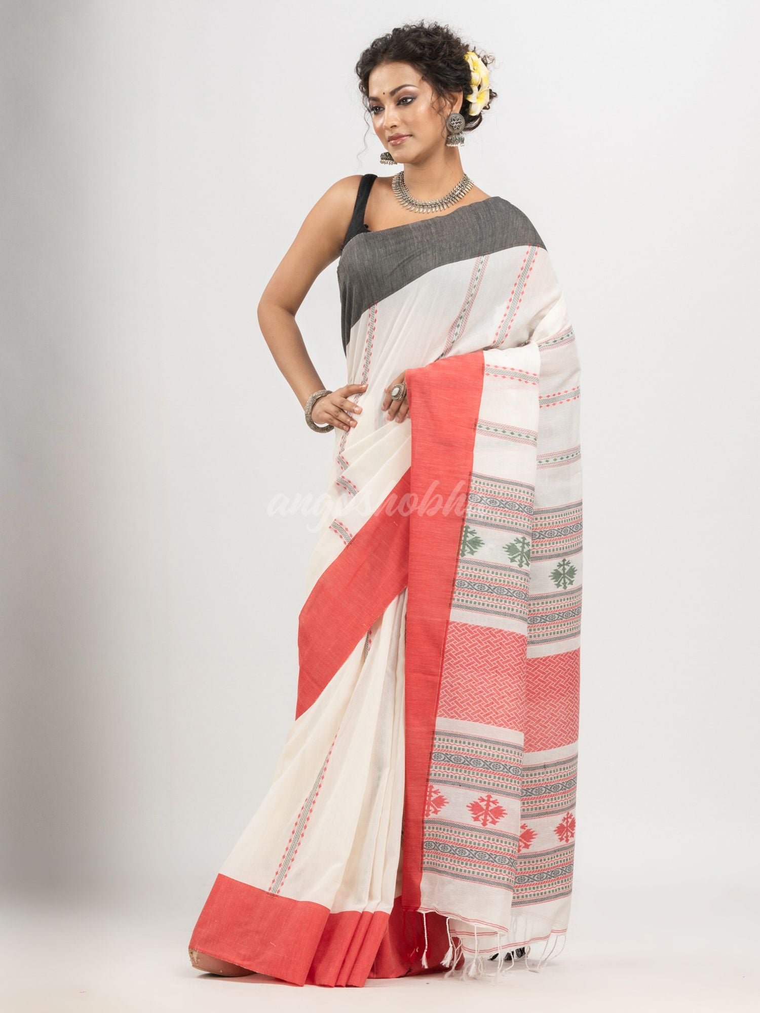 White cotton all body jacquard stripe with pallu jacquard and ganga jamuna solid broder handloom saree