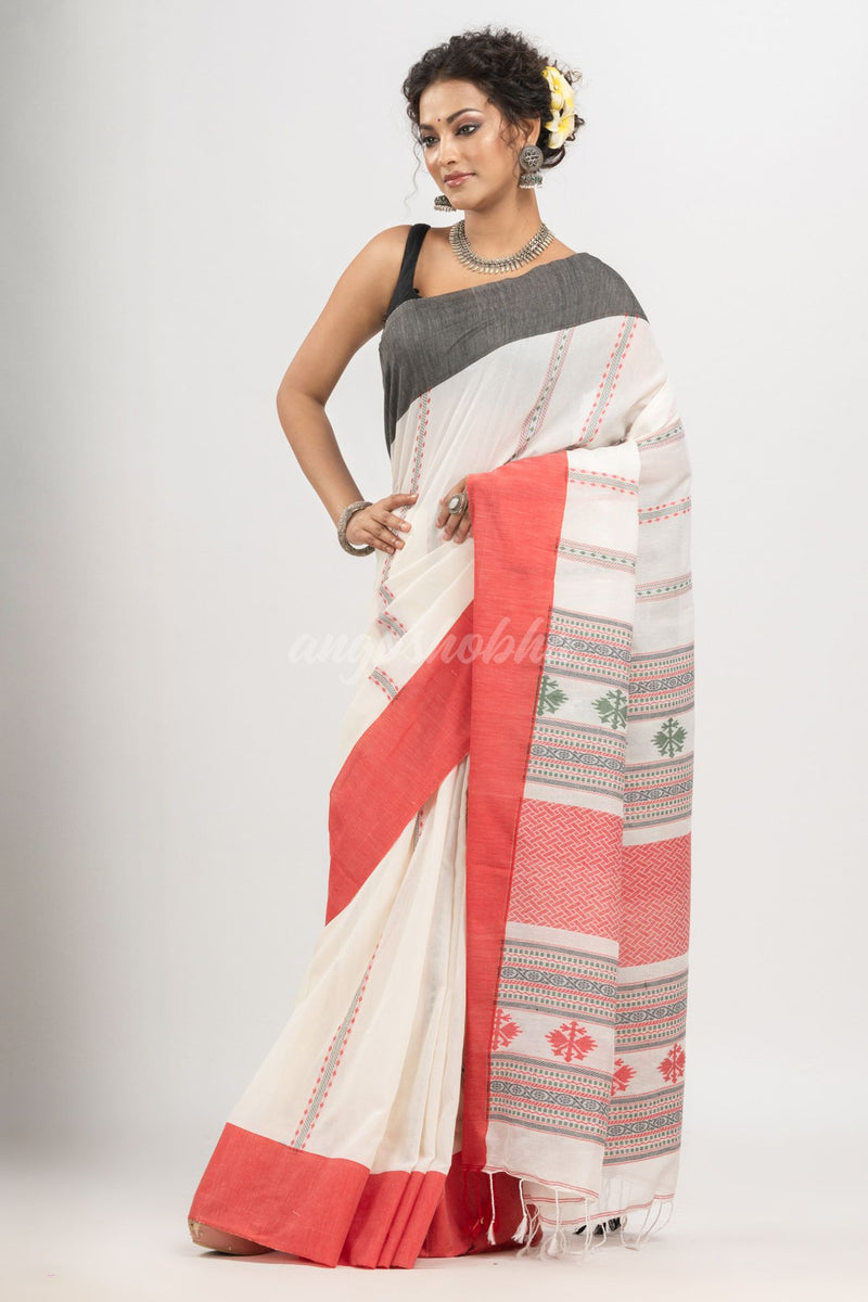 White cotton all body jacquard stripe with pallu jacquard and ganga jamuna solid broder handloom saree