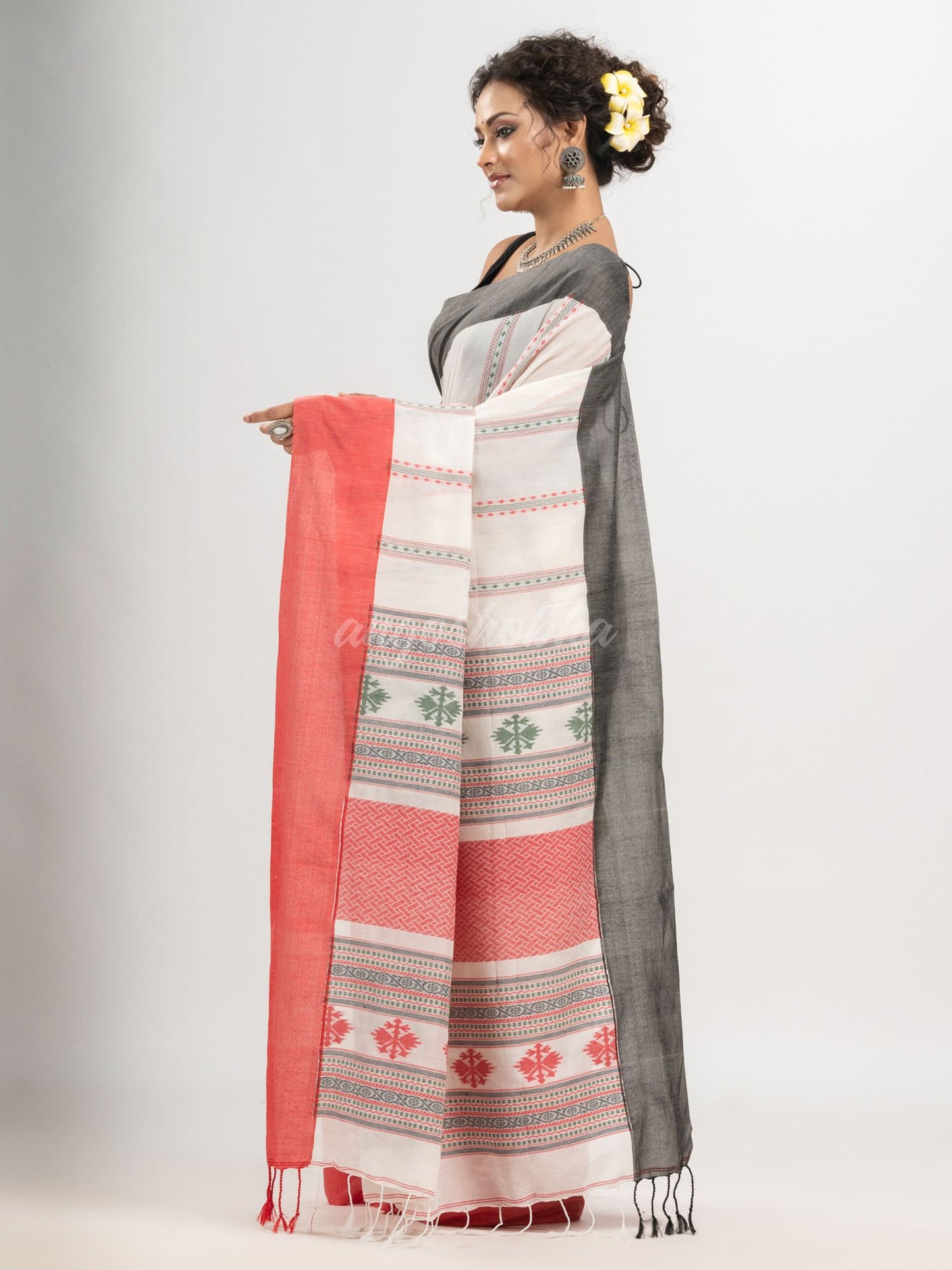 White cotton all body jacquard stripe with pallu jacquard and ganga jamuna solid broder handloom saree