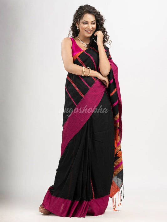 Black cotton all body jacquard stripe with pallu jacquard and ganga jamuna solid broder handloom saree