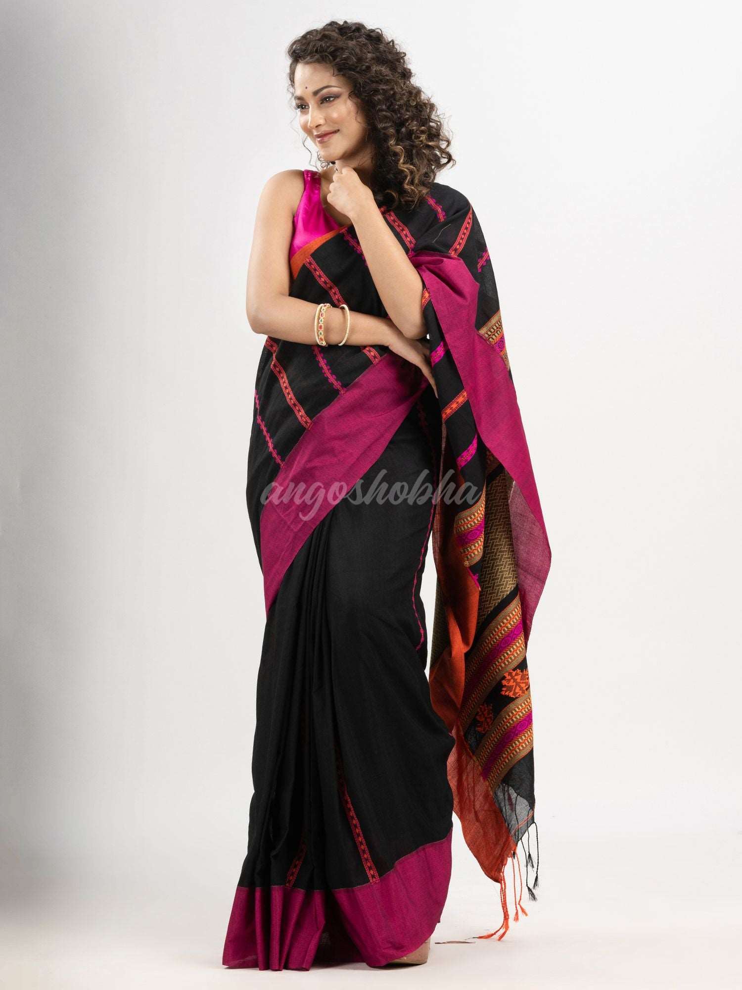 Black cotton all body jacquard stripe with pallu jacquard and ganga jamuna solid broder handloom saree