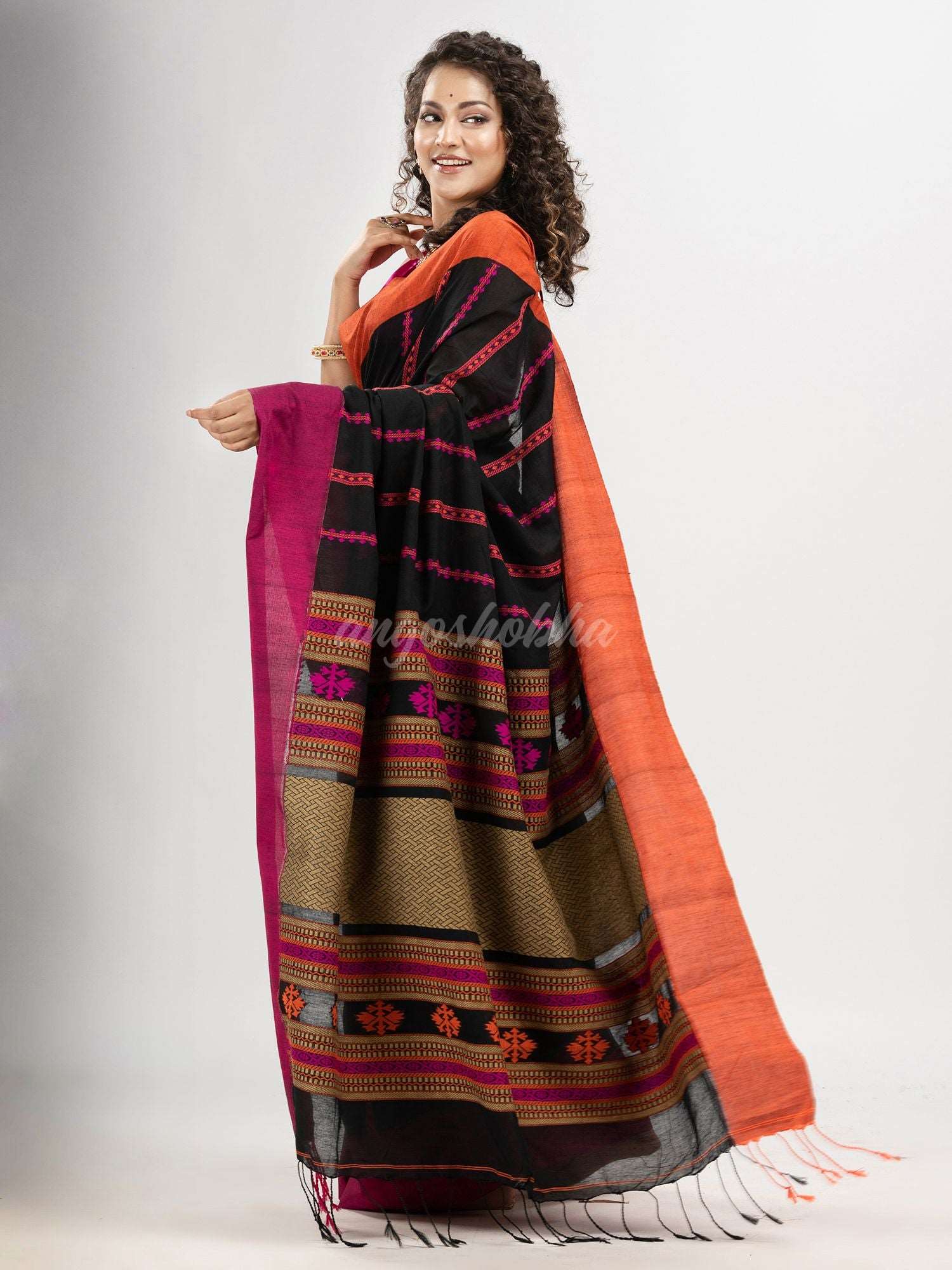 Black cotton all body jacquard stripe with pallu jacquard and ganga jamuna solid broder handloom saree