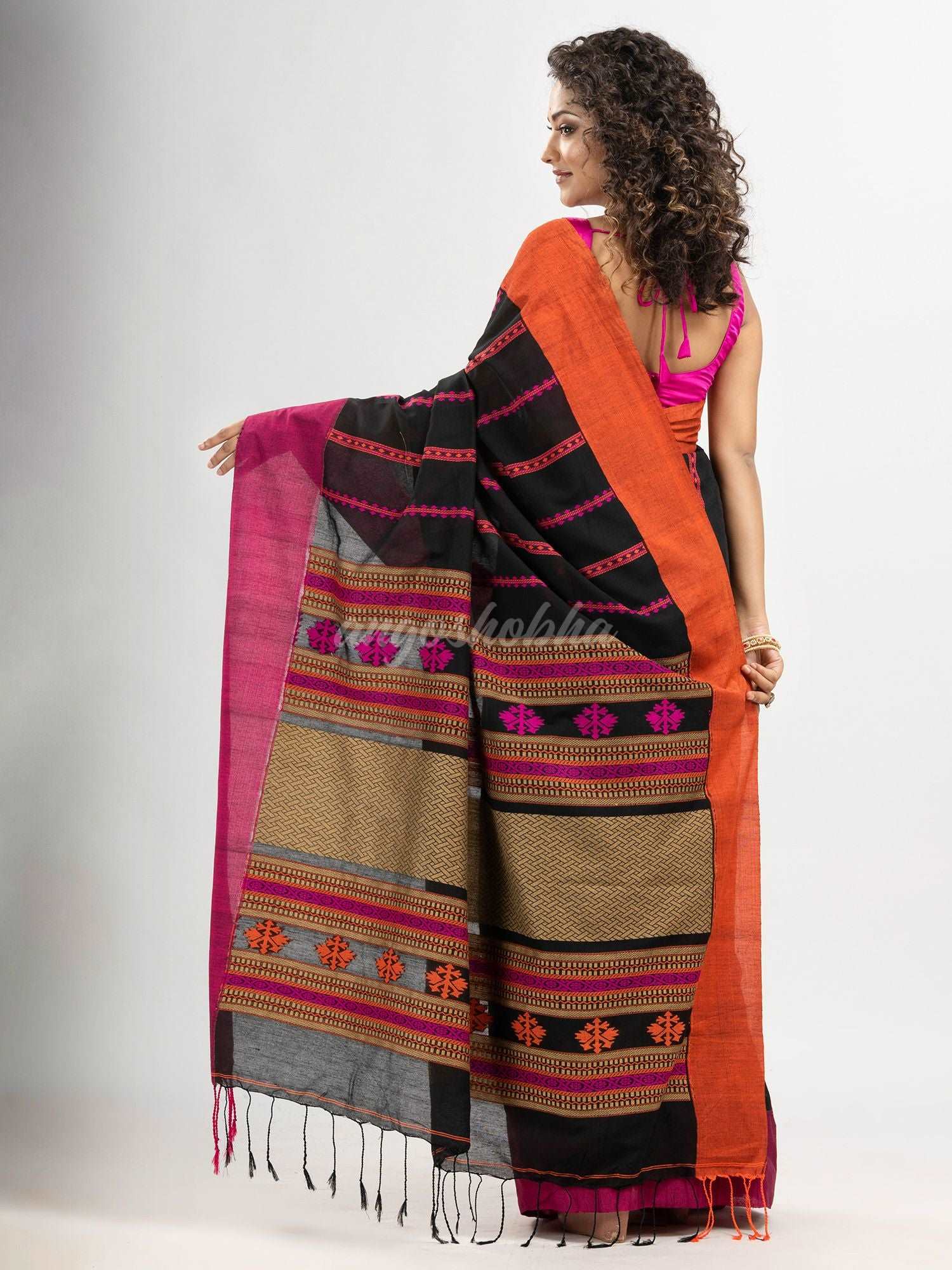 Black cotton all body jacquard stripe with pallu jacquard and ganga jamuna solid broder handloom saree
