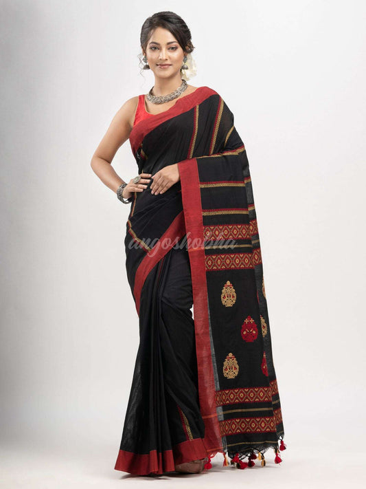 Black cotton all body jacquard stripe with pallu jacquard motive and solid broder handloom saree