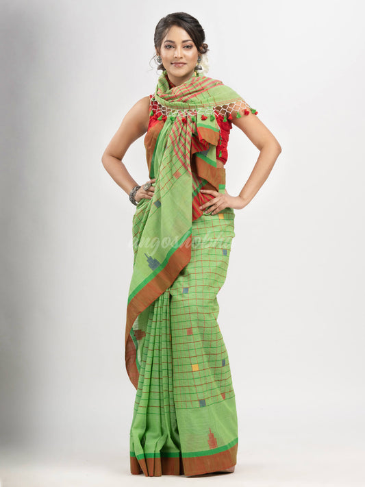 Lime Green cotton all body check and buti with pallu buti in solid broder handloom saree