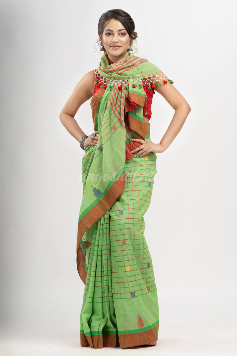Lime Green cotton all body check and buti with pallu buti in solid broder handloom saree