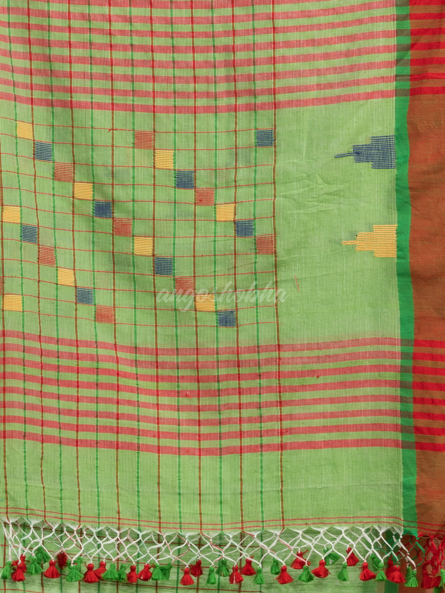 Lime Green cotton all body check and buti with pallu buti in solid broder handloom saree