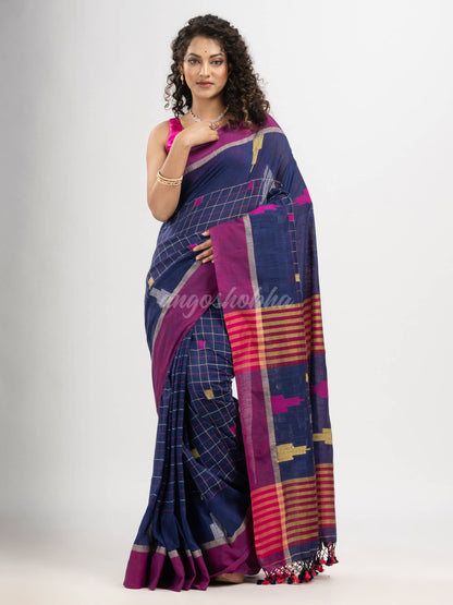 Berry Blue cotton all body check and buti with pallu buti in solid broder handloom saree