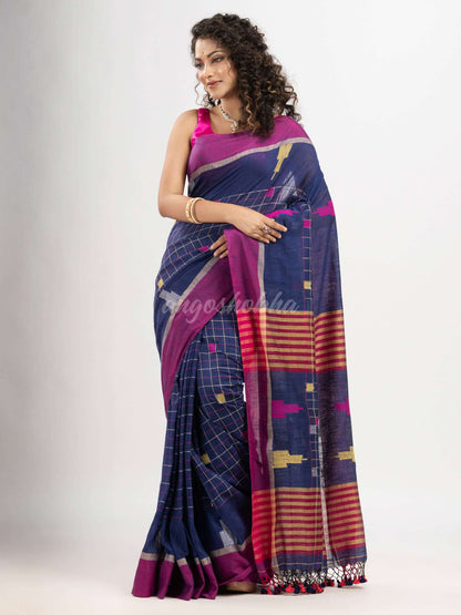 Berry Blue cotton all body check and buti with pallu buti in solid broder handloom saree