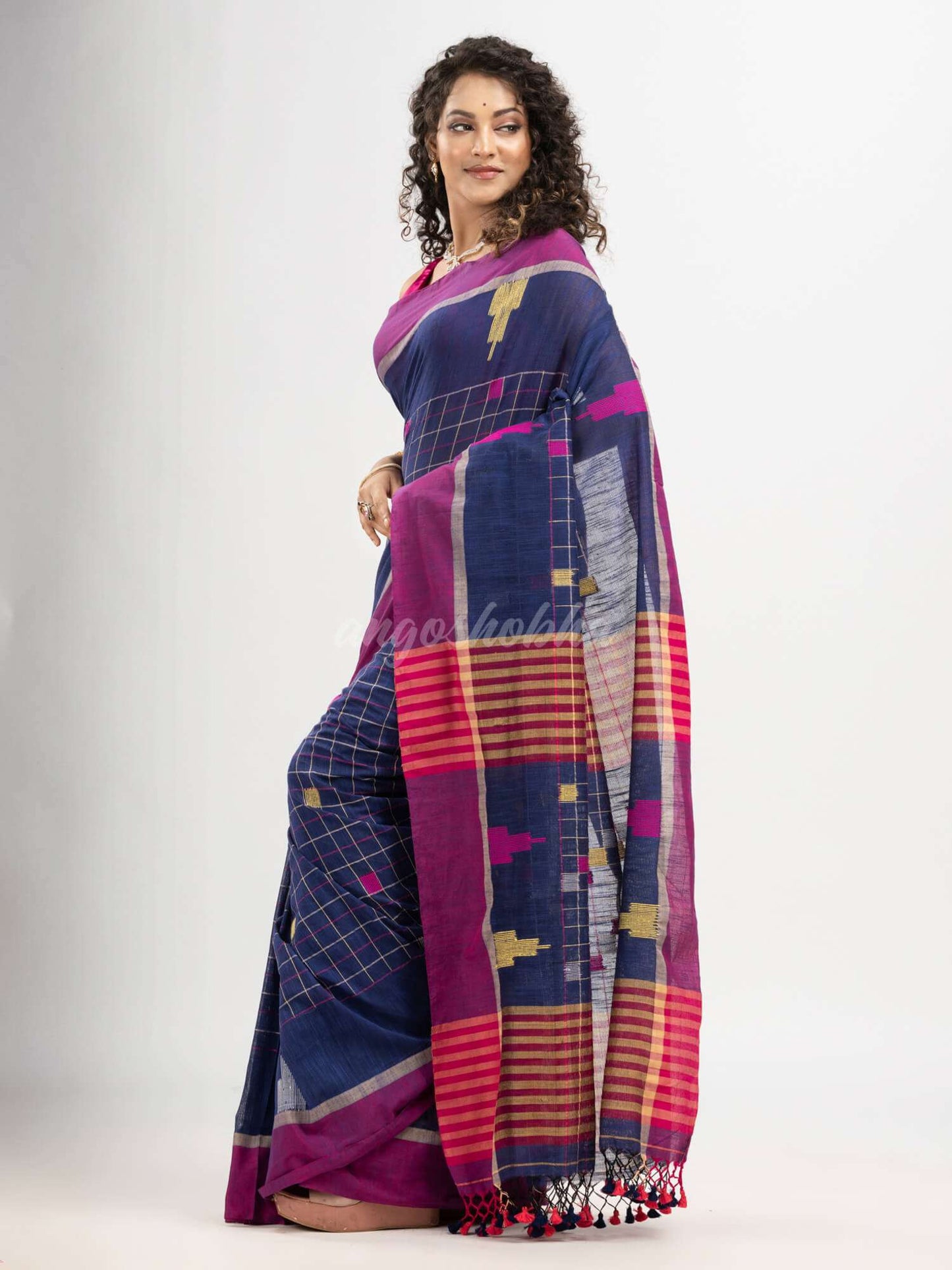 Berry Blue cotton all body check and buti with pallu buti in solid broder handloom saree