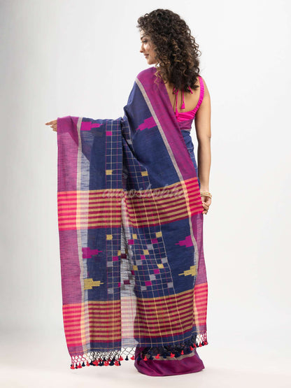 Berry Blue cotton all body check and buti with pallu buti in solid broder handloom saree