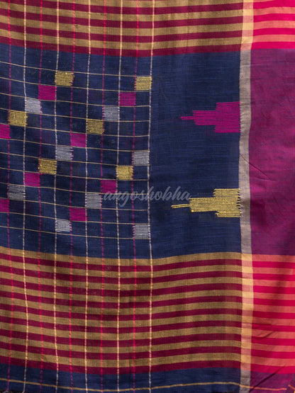 Berry Blue cotton all body check and buti with pallu buti in solid broder handloom saree