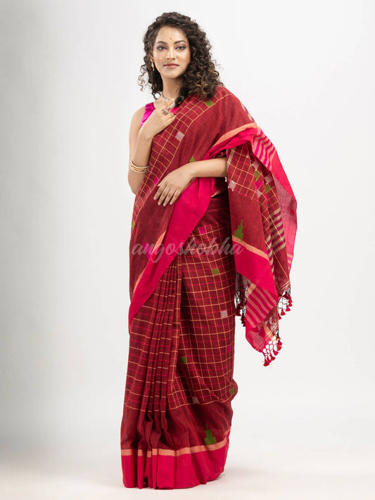 Red cotton all body check and buti with pallu buti in solid broder handloom saree