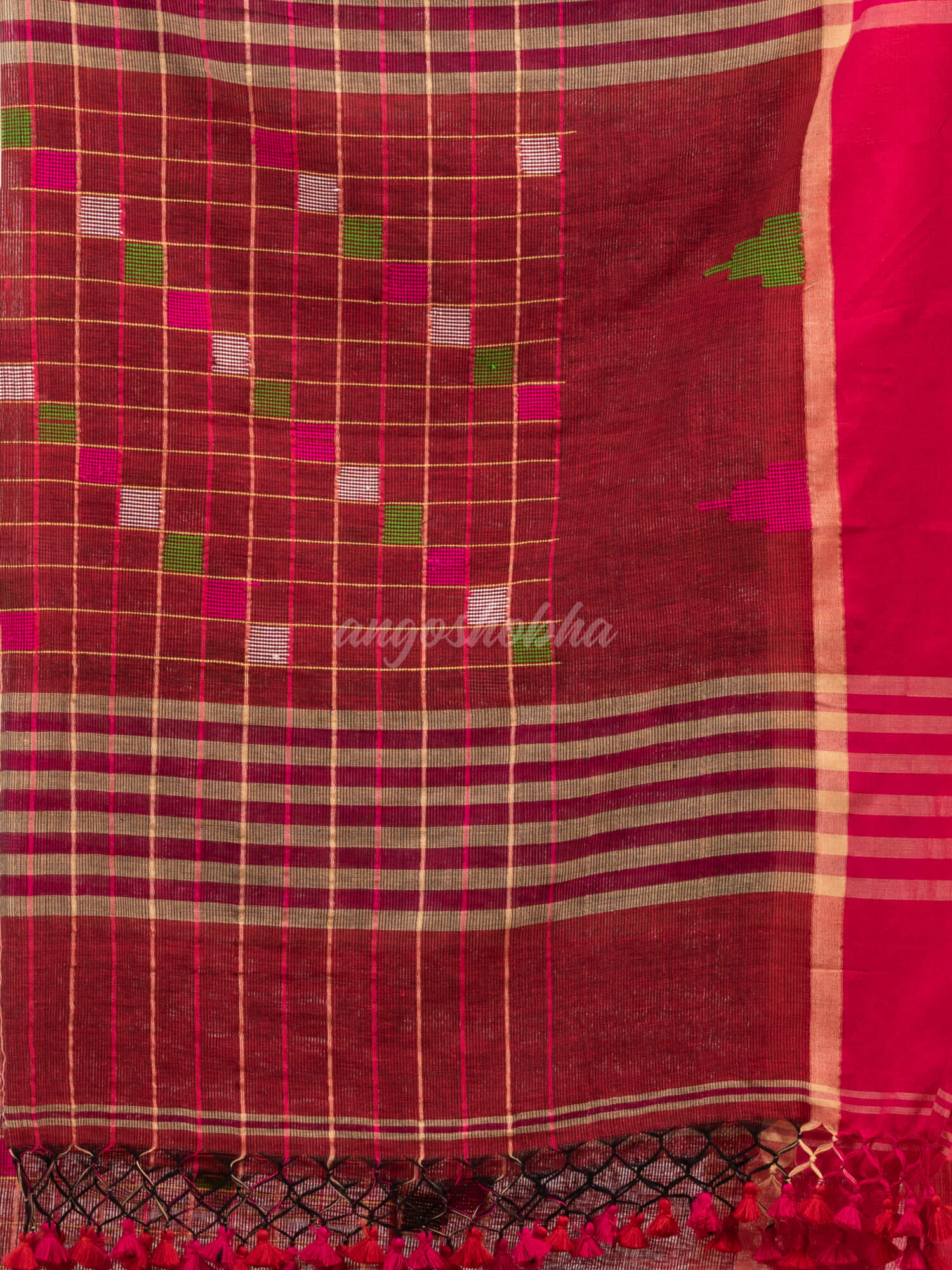 Red cotton all body check and buti with pallu buti in solid broder handloom saree