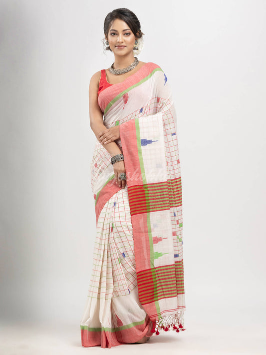 White cotton all body check and buti with pallu buti in solid broder handloom saree