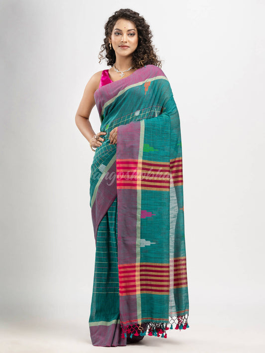 Teal cotton all body check and buti with pallu buti in solid broder handloom saree