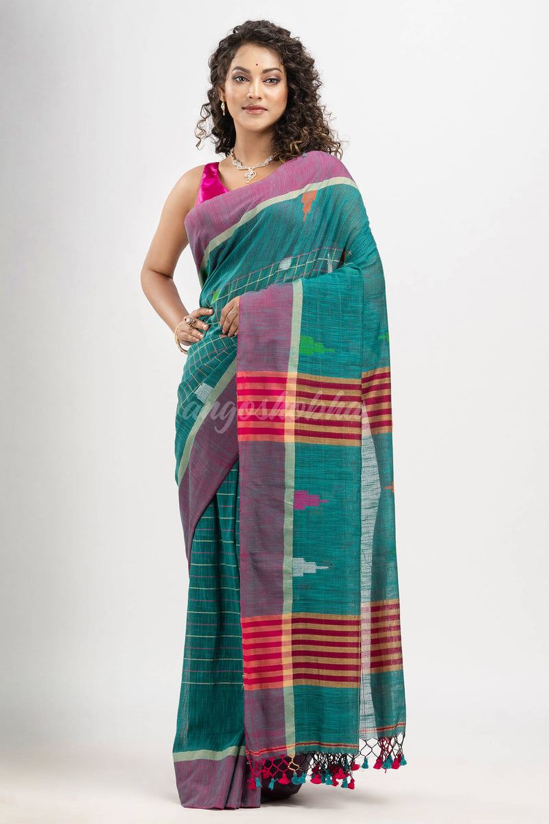 Teal cotton all body check and buti with pallu buti in solid broder handloom saree