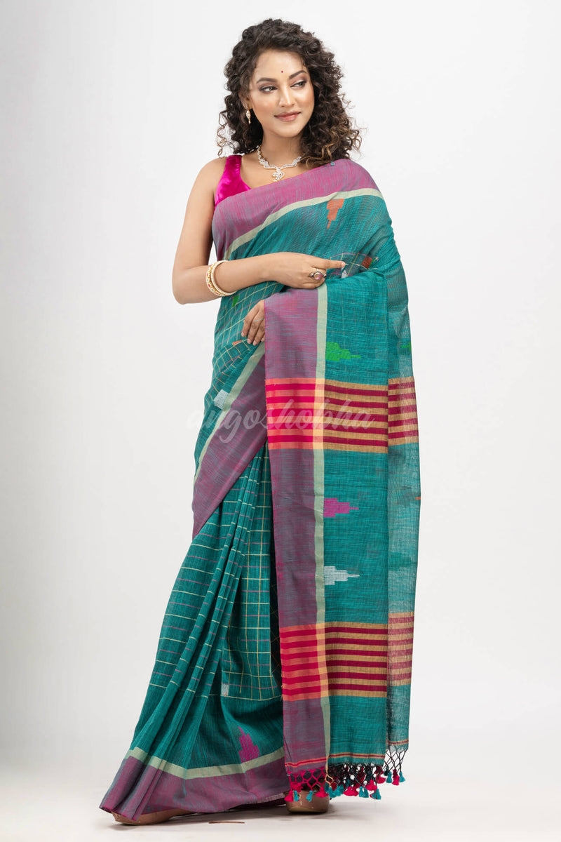 Teal cotton all body check and buti with pallu buti in solid broder handloom saree
