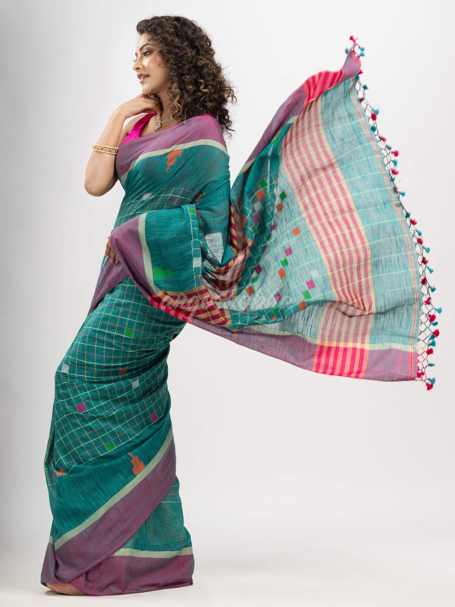 Teal cotton all body check and buti with pallu buti in solid broder handloom saree