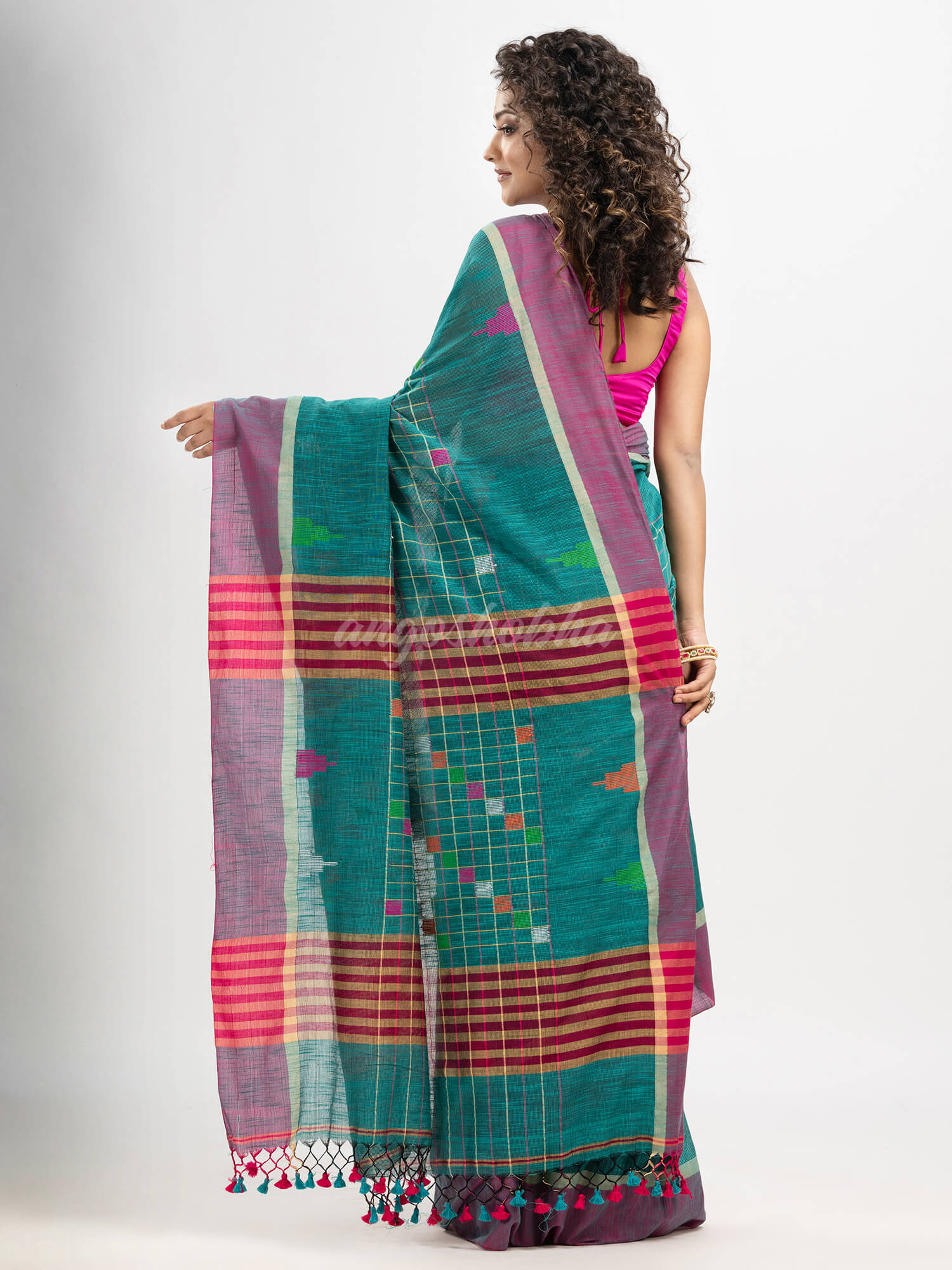 Teal cotton all body check and buti with pallu buti in solid broder handloom saree