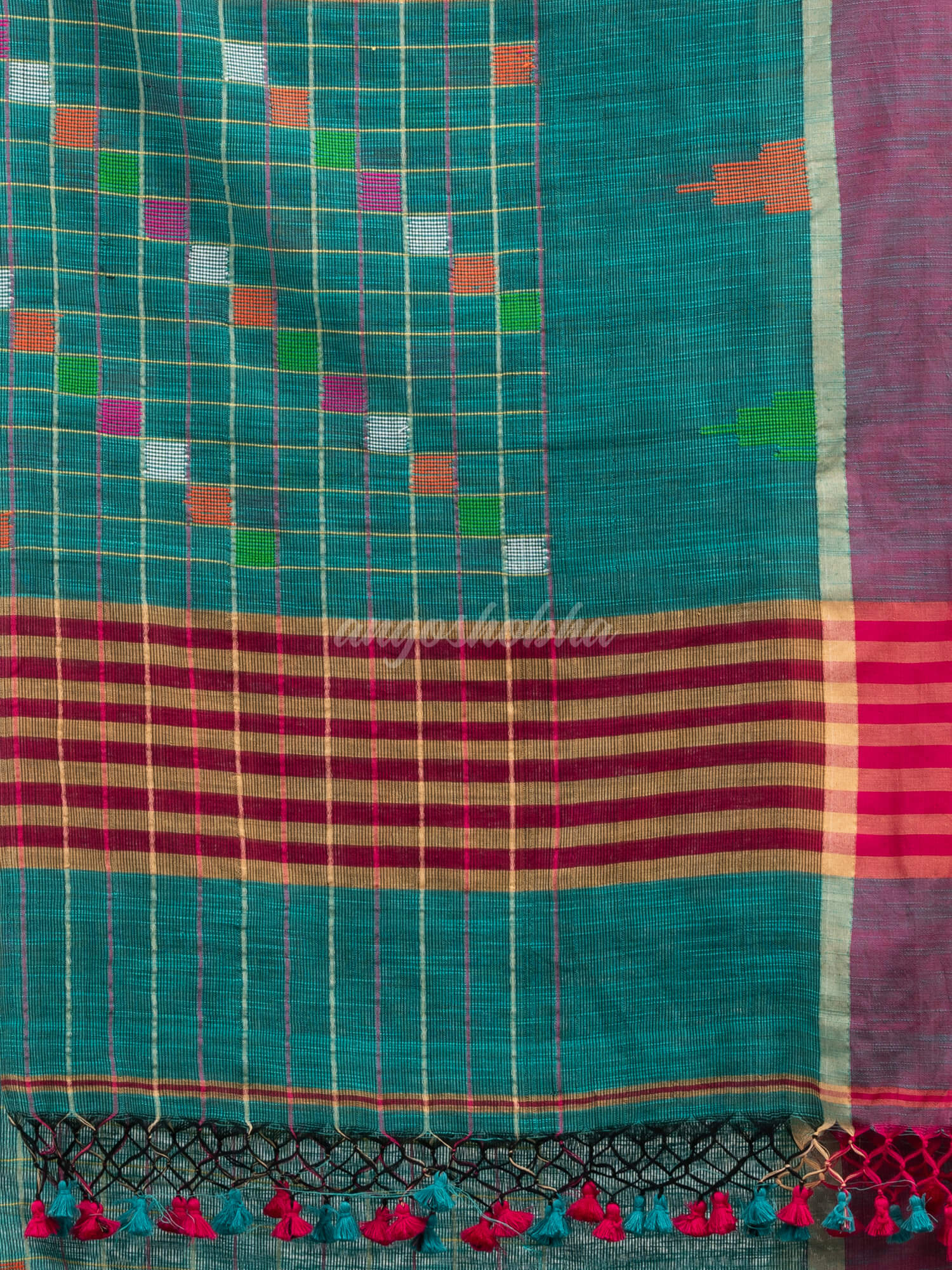 Teal cotton all body check and buti with pallu buti in solid broder handloom saree