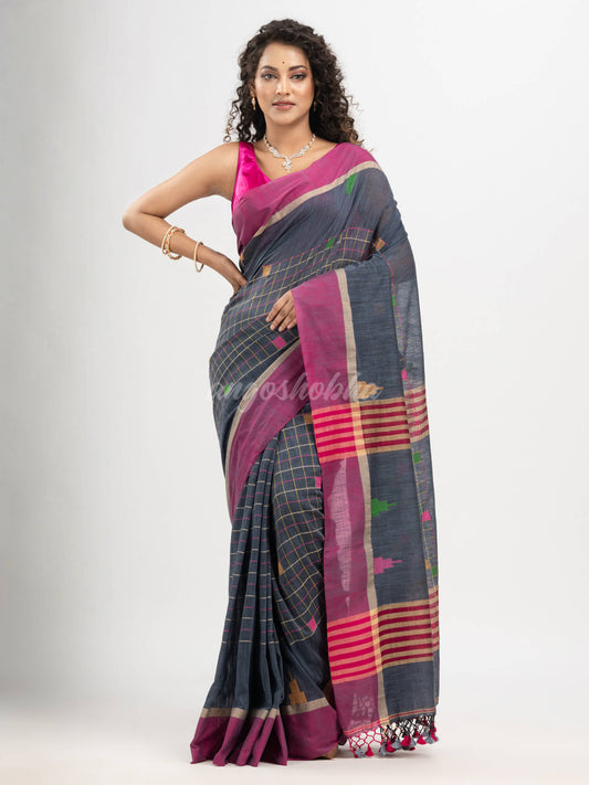 Steel grey cotton all body check and buti with pallu buti in solid broder handloom saree