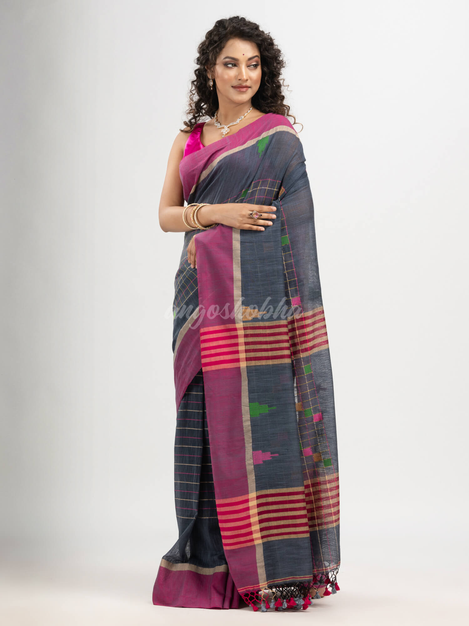 Steel grey cotton all body check and buti with pallu buti in solid broder handloom saree