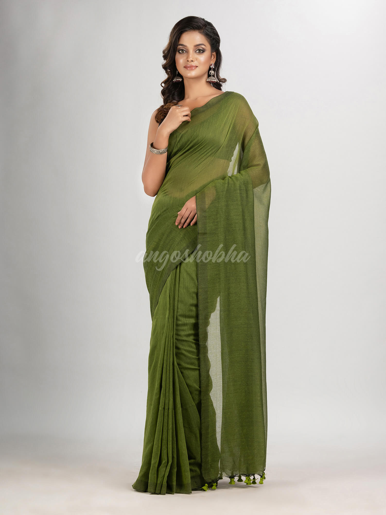 Pickle green cotton molmol handloom saree