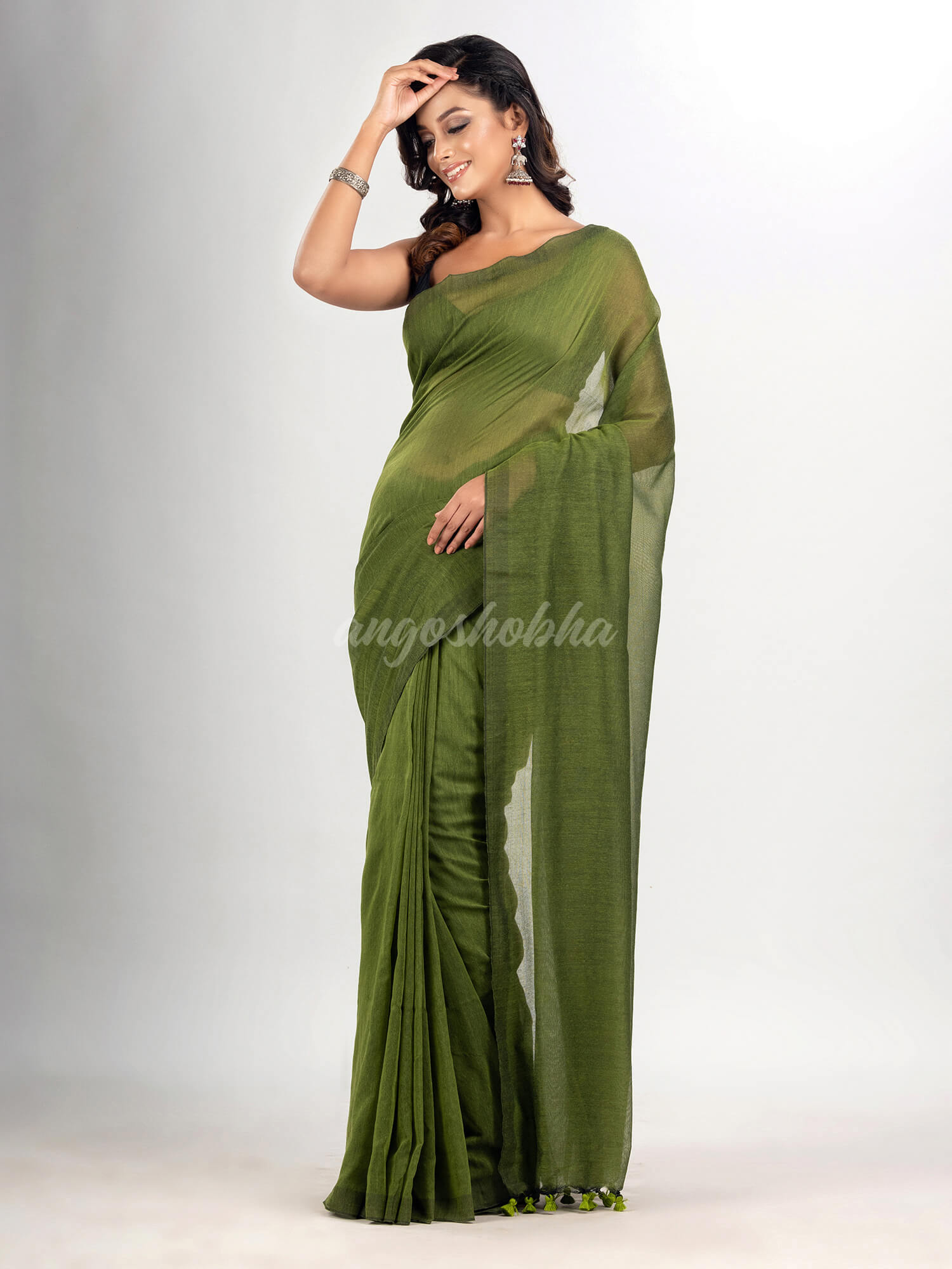 Pickle green cotton molmol handloom saree