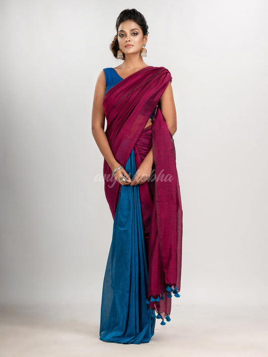 Magenta & Auqa blue cotton half and half molmol handloom saree