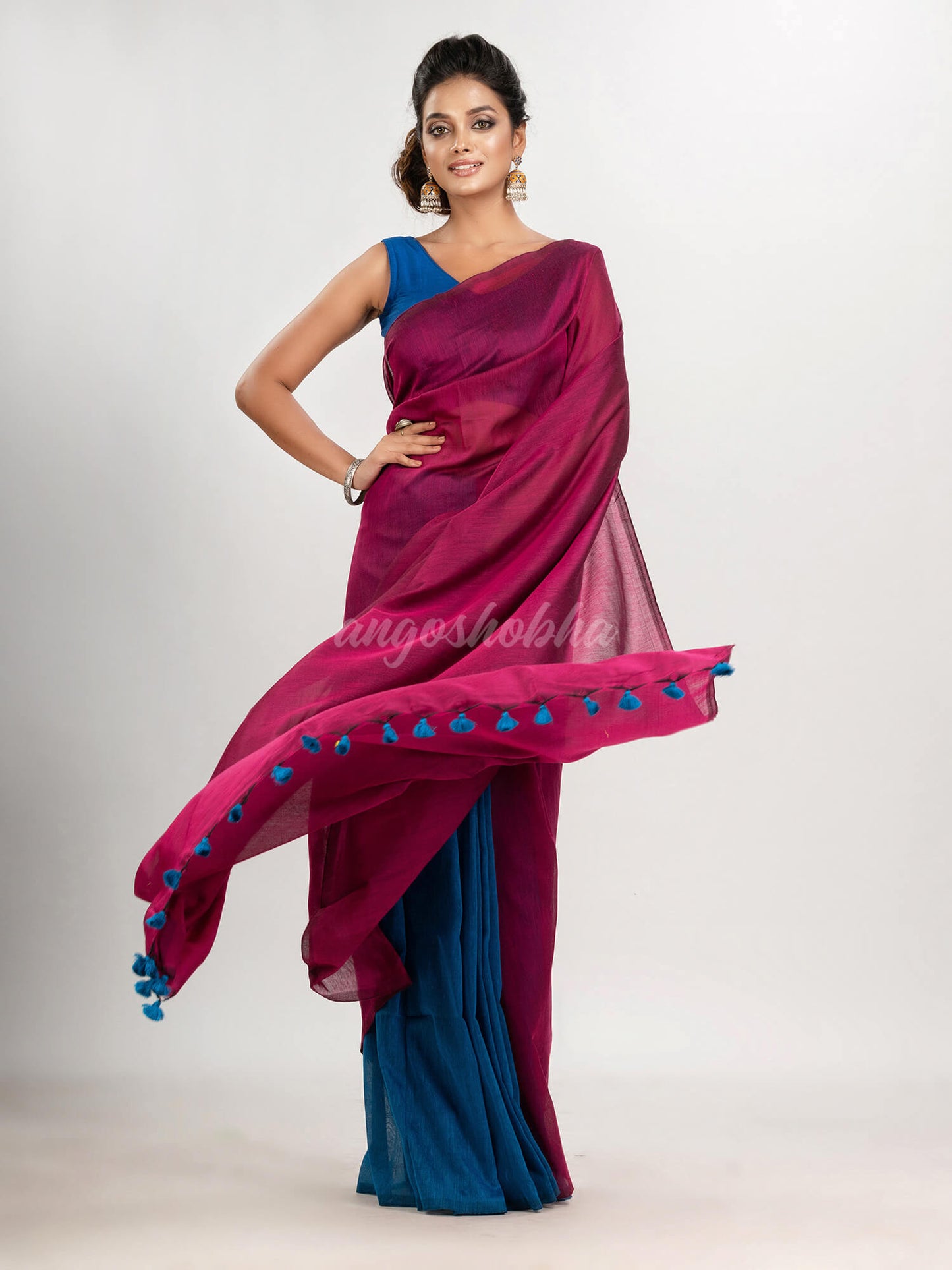 Magenta & Auqa blue cotton half and half molmol handloom saree