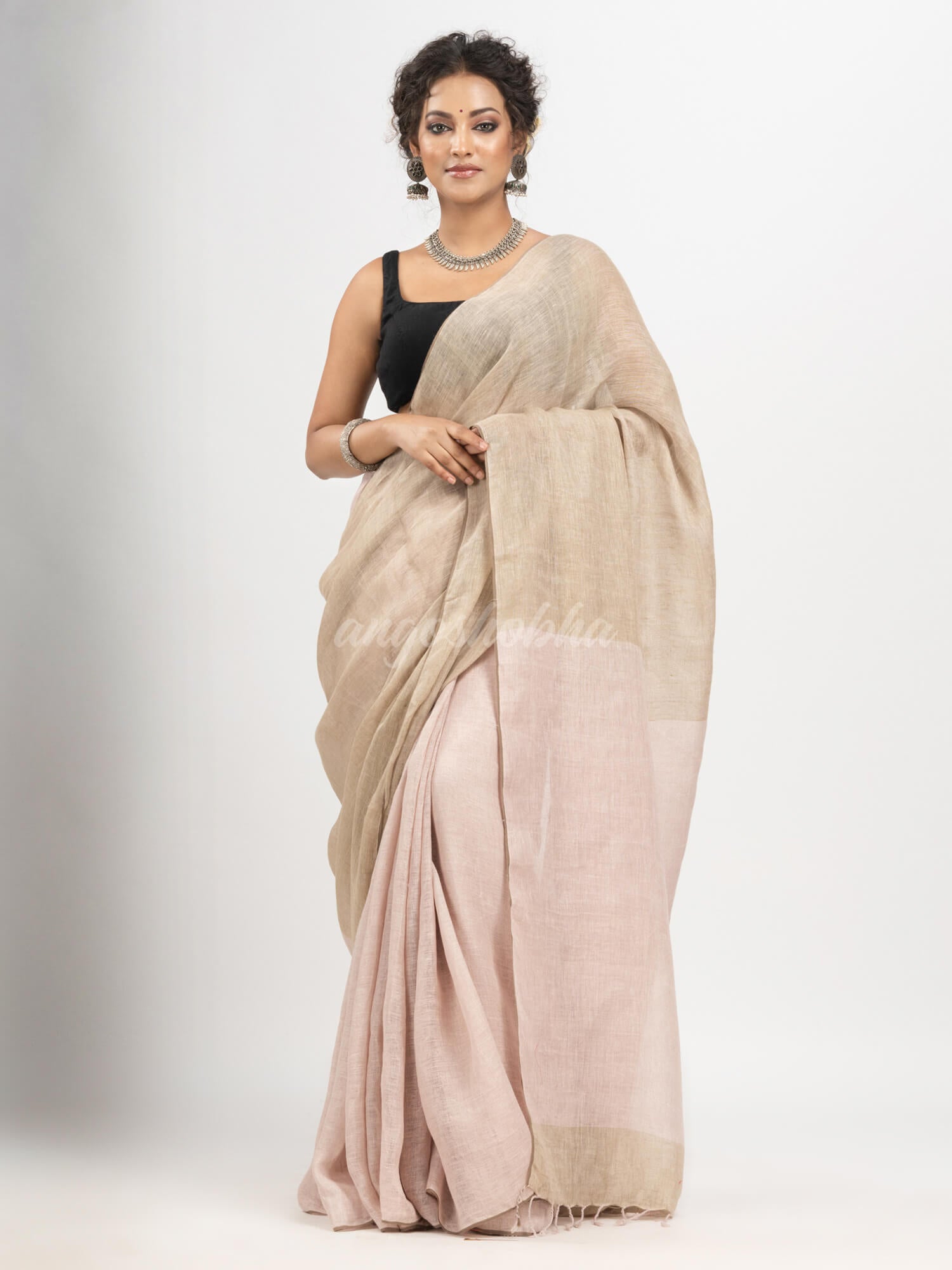 Oct Beige linen solid body with soft Pink Greenish Pallu handloom saree