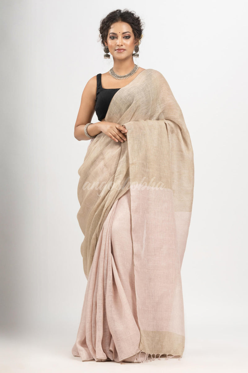 Oct Beige linen solid body with soft Pink Greenish Pallu handloom saree