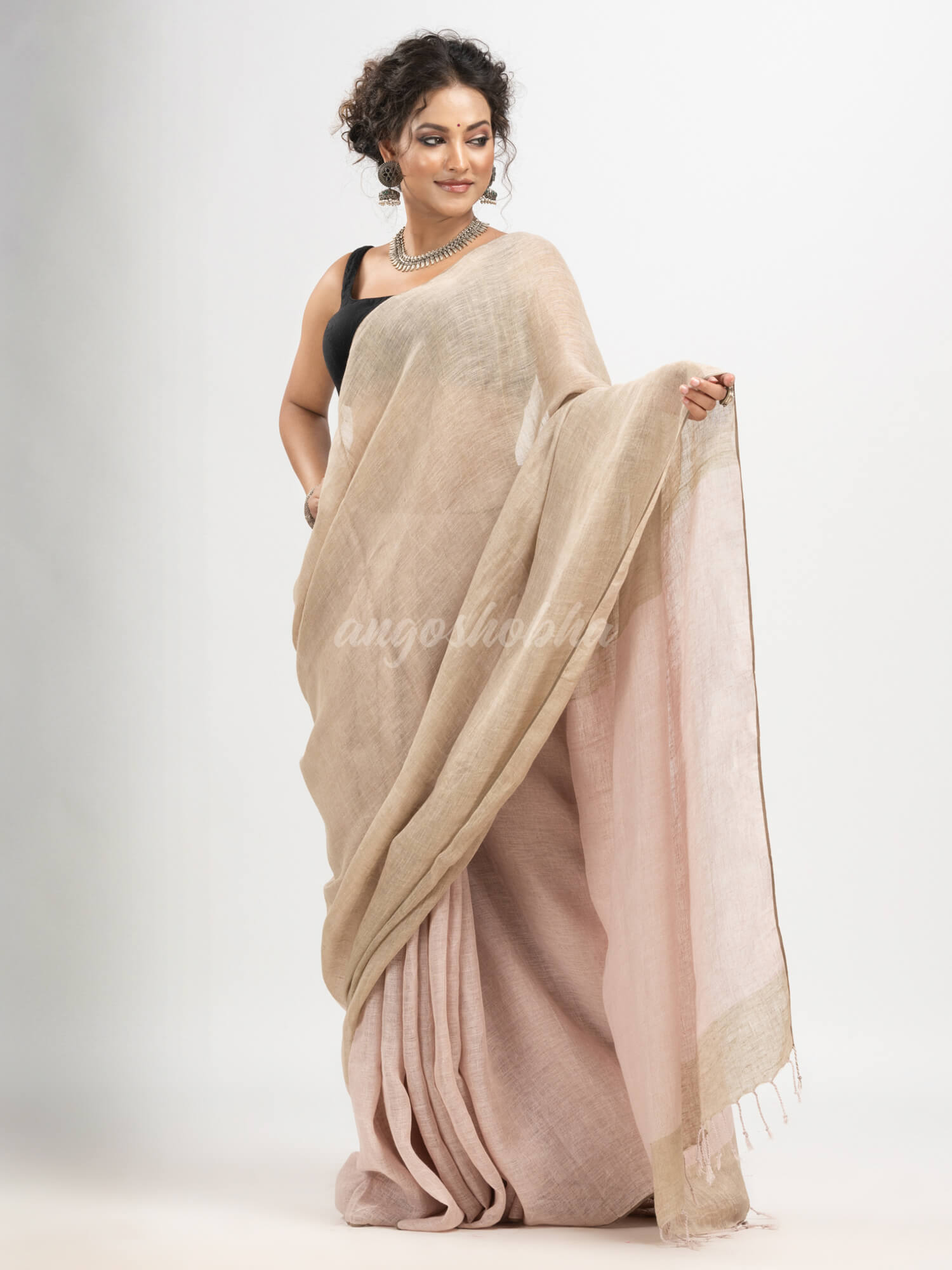 Oct Beige linen solid body with soft Pink Greenish Pallu handloom saree