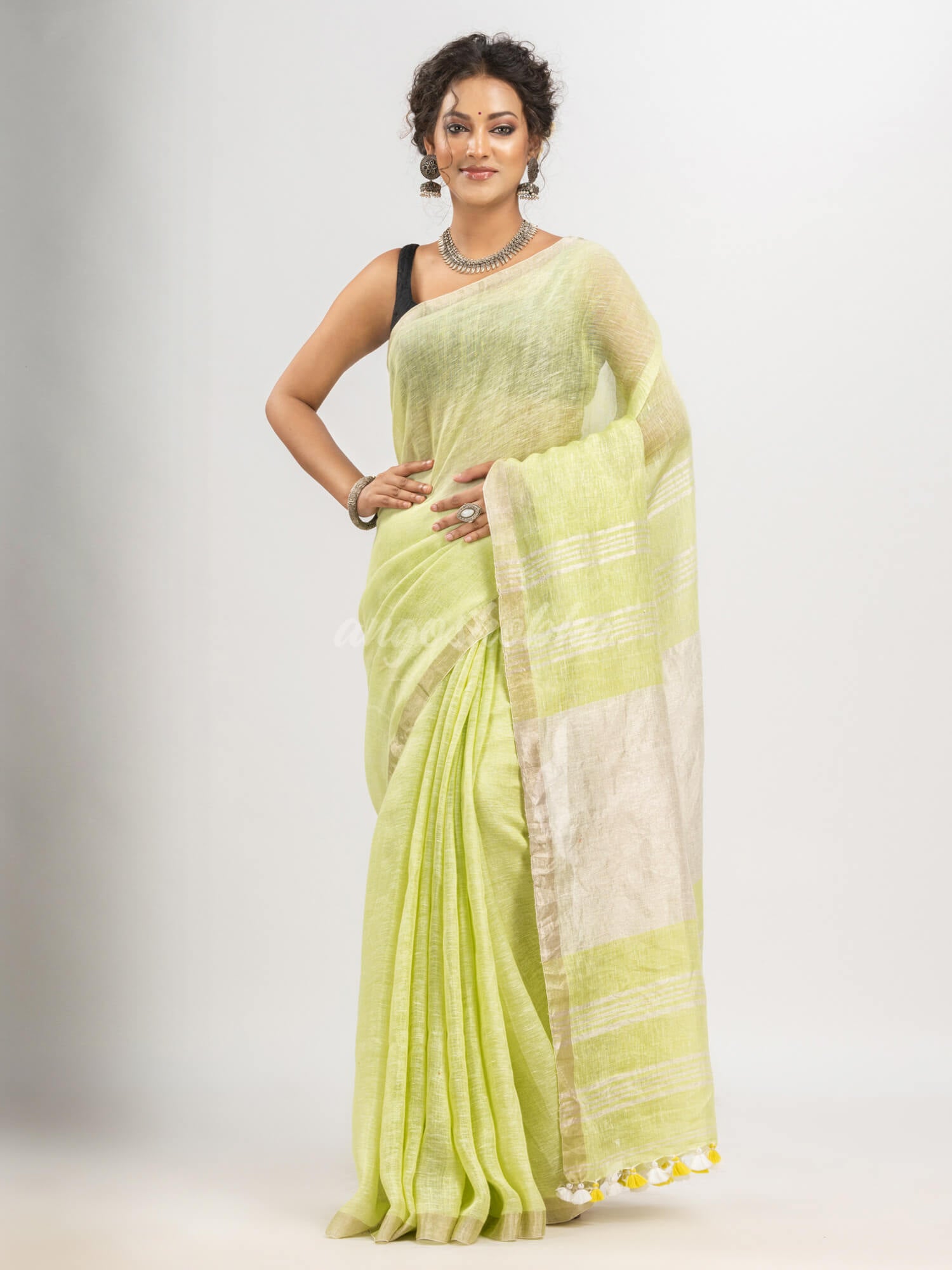 Light Green with silver zari pallu in silver zari border handwoven linen saree