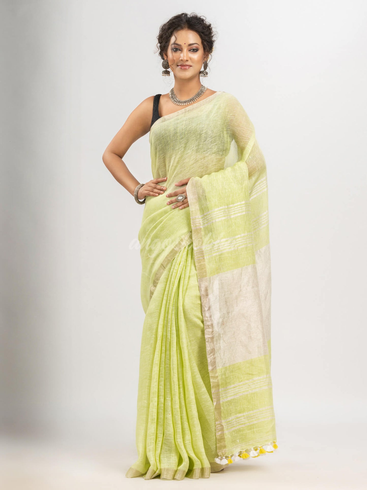 Light Green with silver zari pallu in silver zari border handwoven linen saree