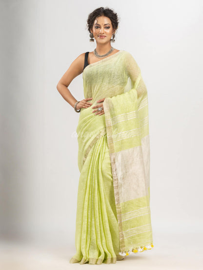 Light Green with silver zari pallu in silver zari border handwoven linen saree